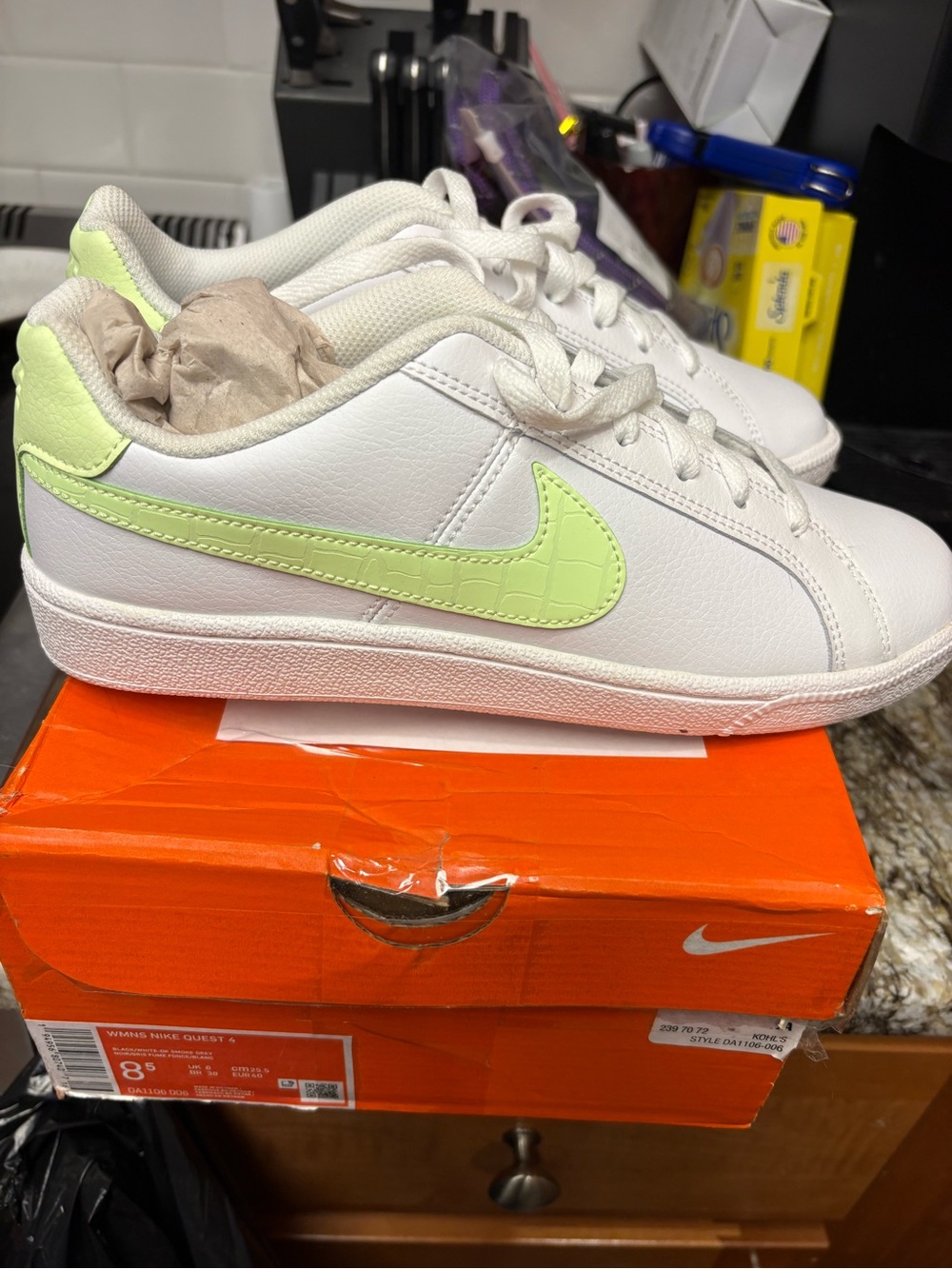 Nike Women’s White Sneakers with Light Green Swoosh - Picture 2 of 6